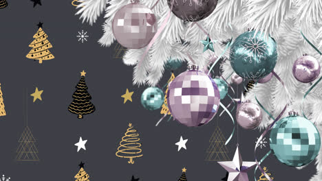 Bauble-decoration-hanging-on-christmas-tree-branch-against-christmas-tree-icons-on-grey-background
