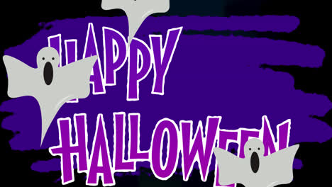 Animation-Von-Geistern,-Die-über-Halloween-Grüße-Auf-Violettem-Und-Schwarzem-Hintergrund-Fliegen