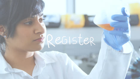 Animation-of-register-text-over-biracial-female-scientist-in-lab