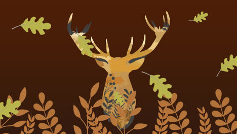Animation-Von-Blättern-über-Hirschen-Und-Blättern-Auf-Rotem-Hintergrund