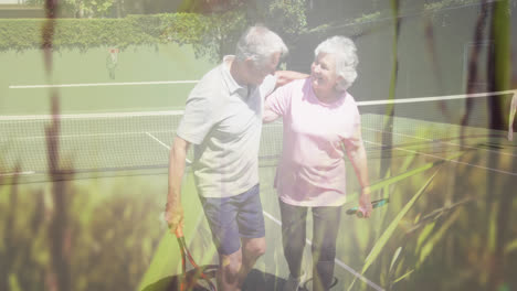 Composite-of-happy-caucasian-senior-couple-embracing-after-tennis,-with-grass-and-nature
