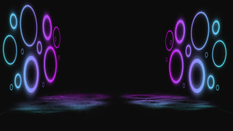 Animation-of-blue,-purple-and-pink-glowing-neon-circles-flashing-on-black-background