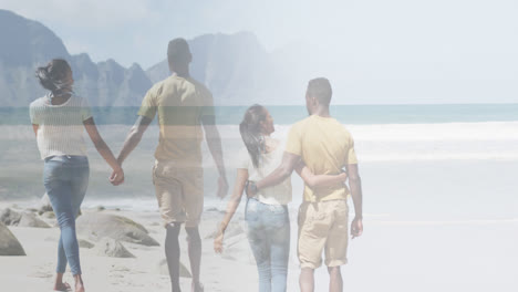 Composite-of-happy-african-american-couple-embracing,-and-walking-holding-hands-on-beach