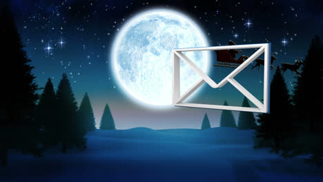 Message-icon-floating-over-santa-claus-in-sleigh-being-pulled-by-reindeers-against-night-sky