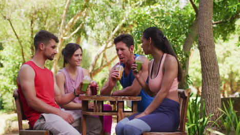 Smiling-diverse-group-sitting-at-table-with-health-drinks,-talking-after-yoga-in-sunny-park