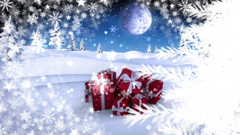 Schneeflocken-Fallen-über-Weihnachtsgeschenke-Auf-Winterlandschaft-Gegen-Nachthimmel