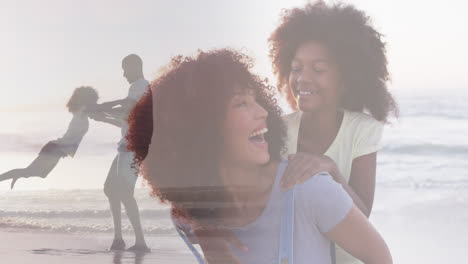 Composite-of-happy-african-american-mother-and-daughter,-and-father-and-daughter-playing-on-beach