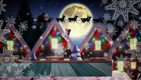 Animation-of-santa-claus-in-sleigh-with-reindeer,-snow-falling,-moon-and-christmas-decorations