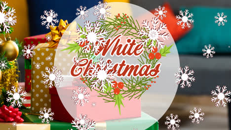 Animation-of-white-christmas-text-over-snow-falling-and-presents-at-christmas