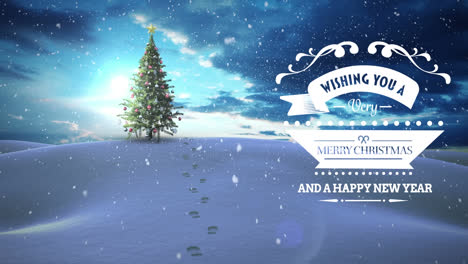 Animation-of-christmas-greetings-over-winter-landscape-background-with-christmas-tree