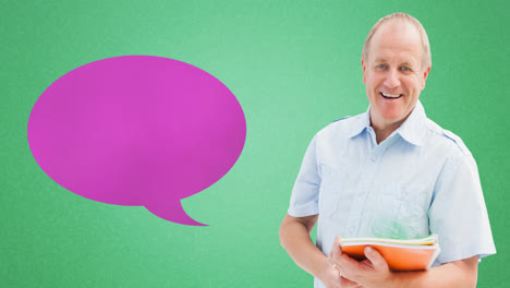 Animation-of-pink-speech-bubble-over-smiling-caucasian-senior-man-holding-books,-on-green