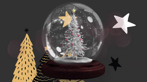 Shooting-star-around-christmas-tree-in-a-snow-globe-against-christmas-tree-icons-on-grey-background