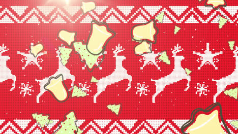 Multiple-christmas-tree-and-bell-icons-falling-against-christmas-traditional-pattern-with-reindeers
