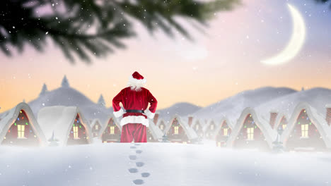 Snow-falling-over-rear-view-of-santa-claus-and-multiple-houses-on-winter-landscape