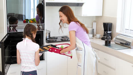 Mother-and-daughter-taking-hot-cookies-from-the-oven