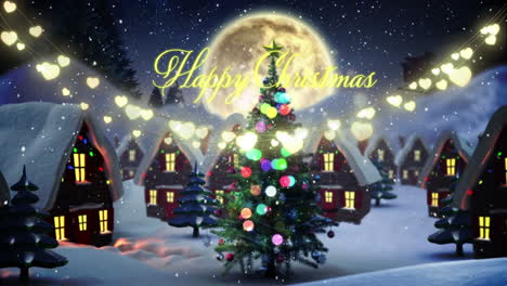 Animation-of-happy-christmas,-lights-and-houses-in-night-winter-landscape