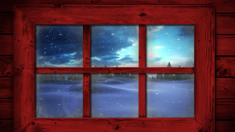 Animation-Einer-Weihnachtlichen-Winterlandschaft,-Gesehen-Durch-Ein-Fenster