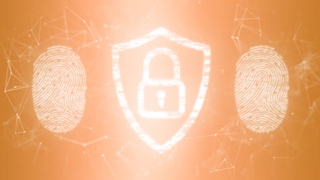 Animation-of-padlock-icon-and-fingerprint-over-orange-background