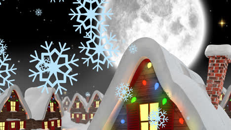 Animation-of-snow-falling-over-winter-scenery-houses-with-christmas-fairy-lights