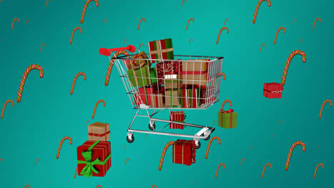 Animation-Von-Fallenden-Weihnachtsgeschenken-Und-Zuckerstangen-über-Einem-Einkaufswagen