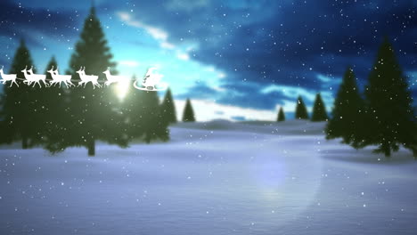 Animation-of-santa-claus-in-sleigh-with-reindeer-over-snow-falling-and-winter-scenery
