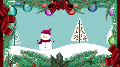 Christmas-decorations-against-snow-falling-over-snowman-and-trees-on-winter-landscape
