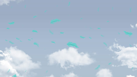 Animation-Von-Blauen-Vogelfedern,-Die-über-Einen-Bewölkten-Blauen-Himmel-Fallen