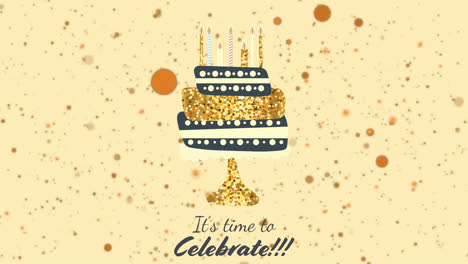 Animation-Seiner-Zeit,-Text-über-Flecken-Und-Kuchen-Auf-Gelbem-Hintergrund-Zu-Feiern