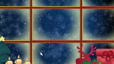 Christmas-icons-and-window-frame-against-snow-falling-and-spots-of-light-on-blue-background