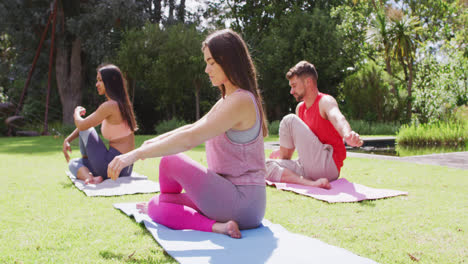 Eine-Vielfältige-Gruppe-Von-Männern-Und-Frauen-Praktiziert-Yoga-Auf-Matten-Im-Sonnigen-Park