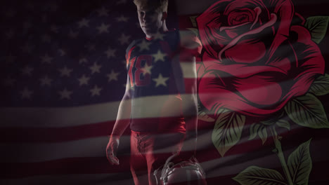 Animation-of-caucasian-american-football-player-over-usa-flag-and-rose