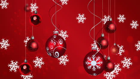 Animation-Von-Weihnachtskugeln-über-Schneeflocken-Auf-Rotem-Hintergrund
