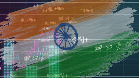 Animation-of-financial-data-processing-over-flag-of-india-in-background