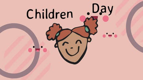 Animation-of-children-day-text-over-illustration-of-happy-girl-over-pattern-on-pink-background