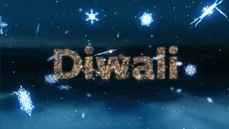 Animación-De-Texto-De-Diwali,-Fuegos-Artificiales-Y-Nieve-Cayendo.