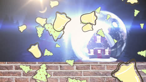 Chritsmas-tree-and-bell-icons-falling-over-shooting-star-spinning-around-house-in-a-snow-globe