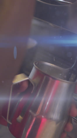 Animation-of-light-spots-over-biracial-man-using-coffee-machine