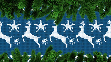 Animation-of-fir-tree-branches-over-christmas-reindeer-pattern
