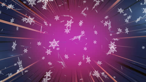 Animation-Von-Schnee,-Der-über-Leuchtende-Strahlen-Auf-Violettem-Hintergrund-Fällt