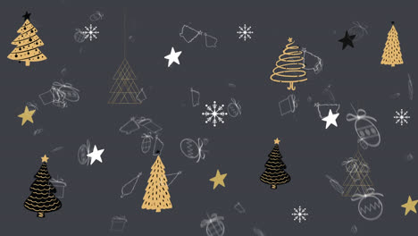 Animation-of-falling-christmas-decorations-over-christmas-scenery-on-grey-background