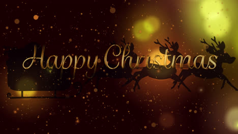Animation-of-happy-christmas-text-over-santa-claus-in-sleigh-with-reindeer-and-bokeh
