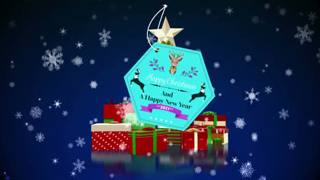 Animation-of-christmas-greetings-and-snow-falling-over-christmas-tree-with-presents