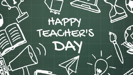 Animation-of-happy-teacher's-day-text-over-school-items-icons-on-green-background