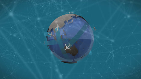 Animation-Von-Verbindungsnetzwerken-Mit-Flugzeugen-über-Dem-Globus