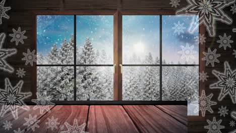 Schneeflocken-über-Holzfensterrahmen-Gegen-Schnee,-Der-Auf-Winterlandschaft-Fällt