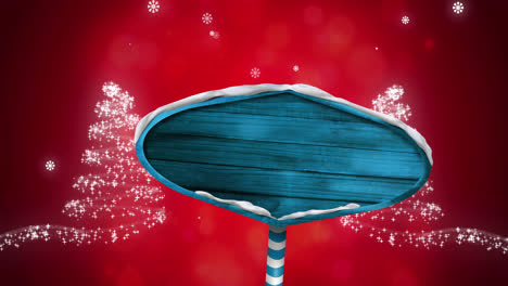 Snowflakes-falling-over-blue-wooden-sign-post-against-shooting-stars-forming-two-christmas-trees