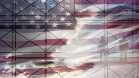 Animation-of-workers-in-construction-site-and-scaffolding-with-american-flag