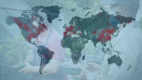 Animation-Einer-Weltkarte-Und-Covid-19-Standorten-über-Männern-Im-Garten-Mit-Gesichtsmasken