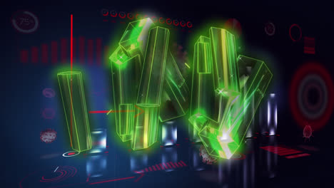 Animation-of-green-metallic-blocks,-covid-19-cells-and-statistics-processing