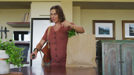 Caucasian-pregnant-woman-returning-from-shopping-with-heavy-paper-bag-of-vegetables